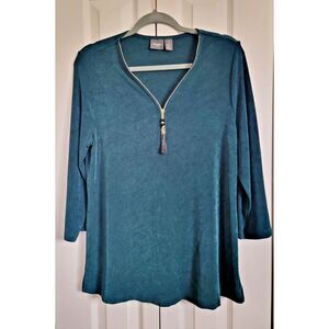 Chico's Travelers 1 Part Zip Liquid Top Emerald Green Long Sleeves Beaded Tassle